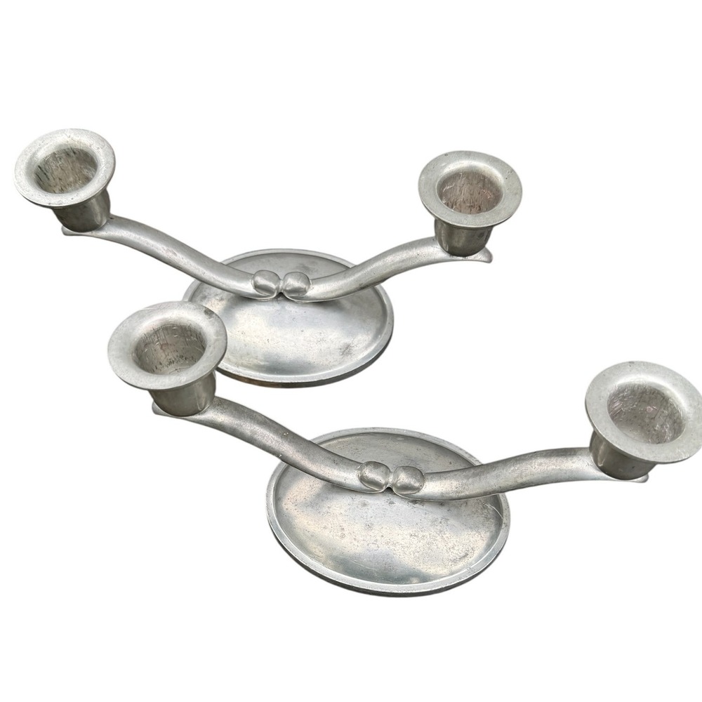 Vintage Wallace Pewter Double Arm Candelabra‎ Pair MCM Candle Holders 8"